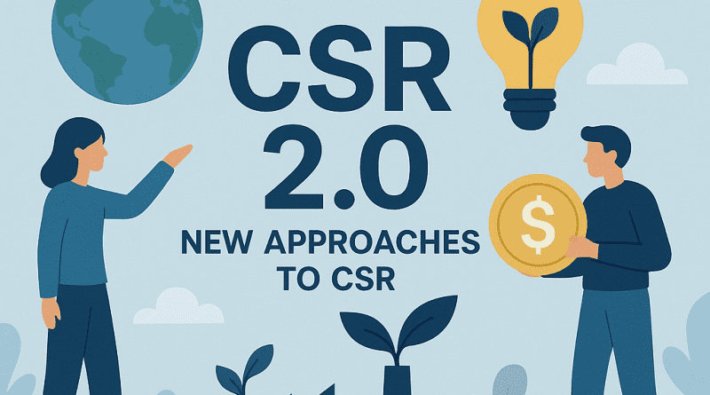 CSR 2.0 concepts with people, plants, globe, and sustainability icons representing new approaches to corporate social responsibility in India.