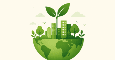 Minimalist illustration of green city skyline growing from Earth, symbolising environmental sustainability and CSR in India