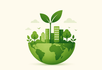Minimalist illustration of green city skyline growing from Earth, symbolising environmental sustainability and CSR in India