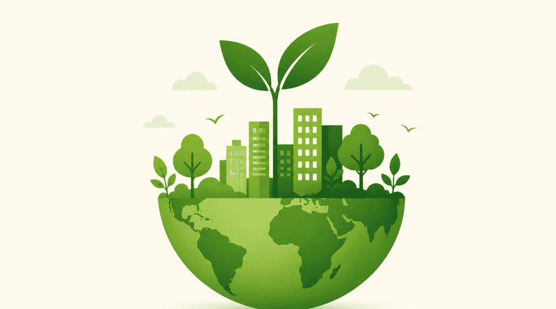 Minimalist illustration of green city skyline growing from Earth, symbolising environmental sustainability and CSR in India